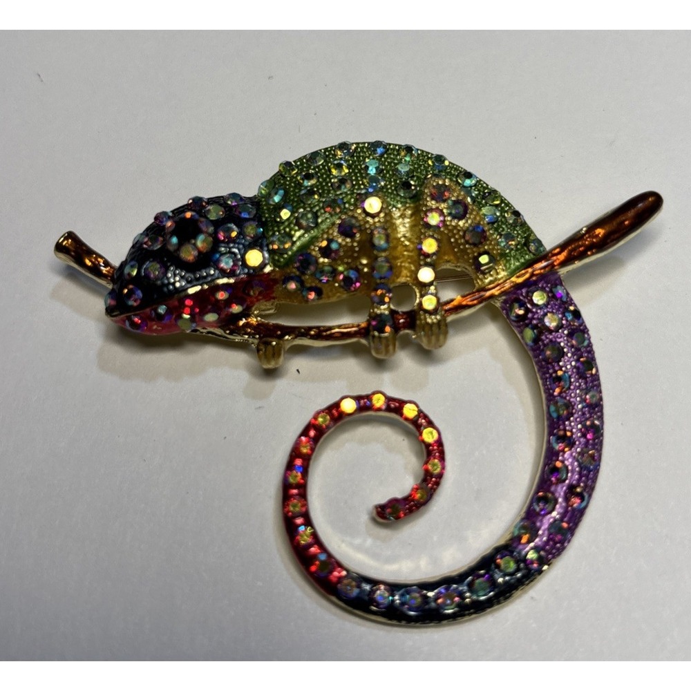 Colorful Chameleon Brooch Rhinestone Enamel Lizard Statement Pin 2"
